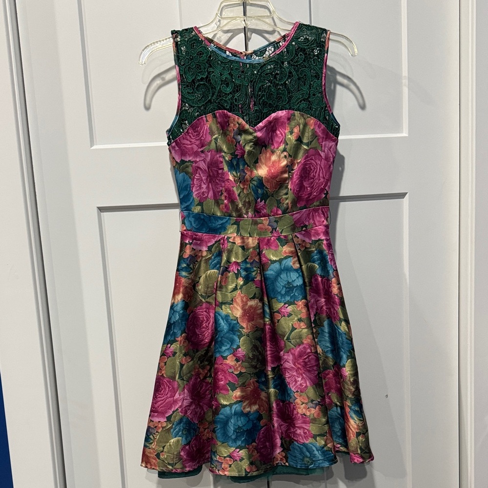 Tatayana Floral Fit-and-Flare Dress with Emerald Green Lace